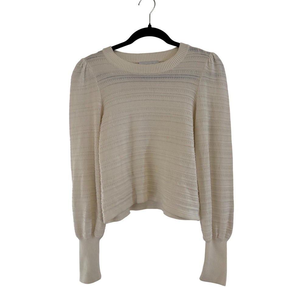 Witchery Cream Cotton Pointelle Puff Sleeve Knit Sweater XXS 60262383